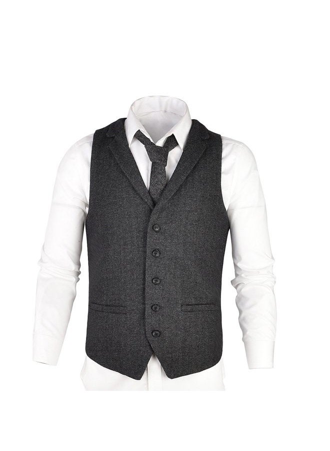 VOBOOM Mens Herringbone Tailored Collar Waistcoat Fullback Wool Tweed Suit Vest, Dark Grey, XXL - Image 3