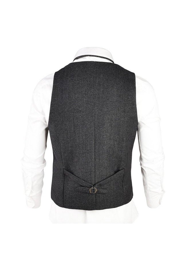 VOBOOM Mens Herringbone Tailored Collar Waistcoat Fullback Wool Tweed Suit Vest, Dark Grey, XXL - Image 4