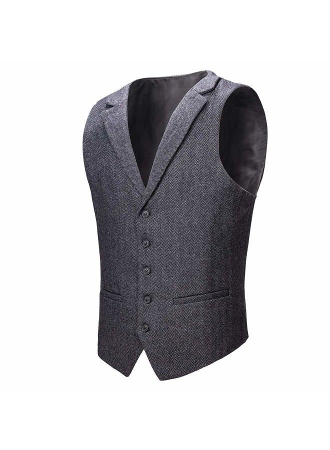 VOBOOM Mens Herringbone Tailored Collar Waistcoat Fullback Wool Tweed Suit Vest, Dark Grey, XXL - Image 1
