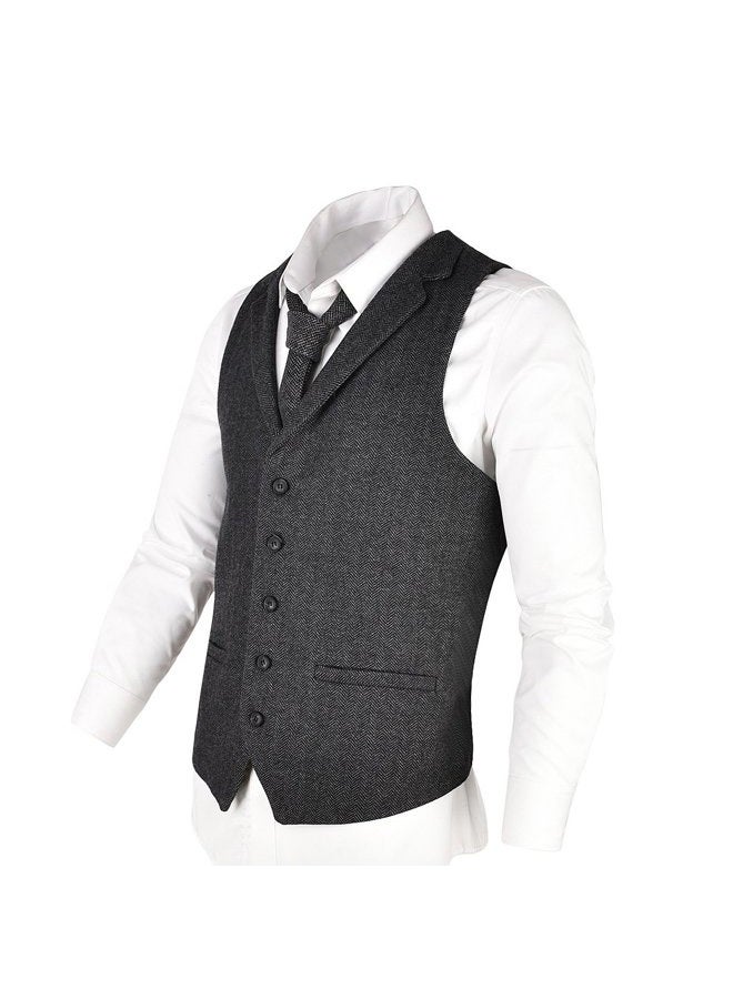 VOBOOM Mens Herringbone Tailored Collar Waistcoat Fullback Wool Tweed Suit Vest, Dark Grey, XXL - Image 2