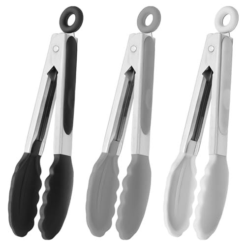 HINMAY Small Silicone Tongs 7Inch Mini Serving Tongs Set of 3 Black Gray White