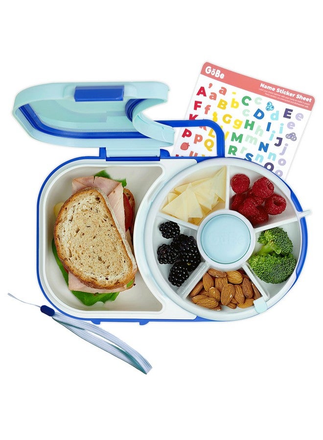 GOBE GoBe Kids Lunchbox with Small Snack Spinner Flip - Bundle with Hand Strap & Sticker Sheet, 2-in-1 Bento Style Lunch Container, 5 Small +1 Large Sandwich Compartment, BPA & PVC Free- Macaron Blue  - Image 1