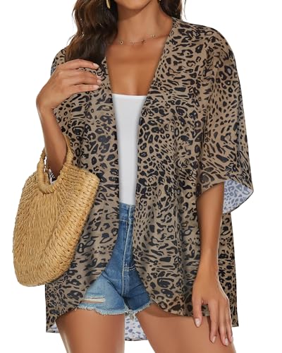 JILUVIN Womens Kimono Cardigans Beach Cover ups Swimwear Puff Sleeve Loose Casual Summer Tops (Leopard Print,L) - Image 3