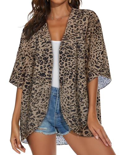 JILUVIN Womens Kimono Cardigans Beach Cover ups Swimwear Puff Sleeve Loose Casual Summer Tops (Leopard Print,L) - Image 2