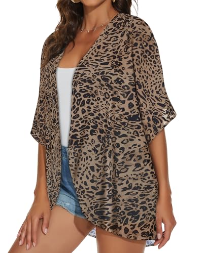 JILUVIN Womens Kimono Cardigans Beach Cover ups Swimwear Puff Sleeve Loose Casual Summer Tops (Leopard Print,L) - Image 4