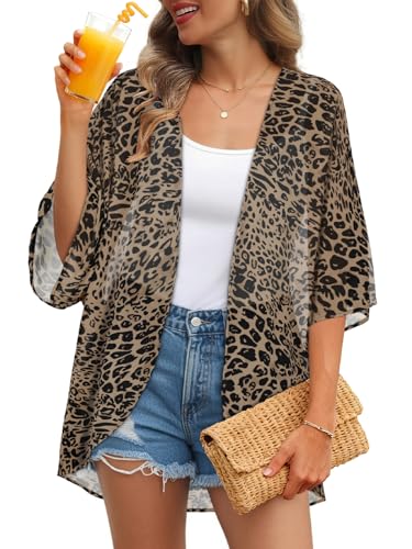 JILUVIN Womens Kimono Cardigans Beach Cover ups Swimwear Puff Sleeve Loose Casual Summer Tops (Leopard Print,L) - Image 1