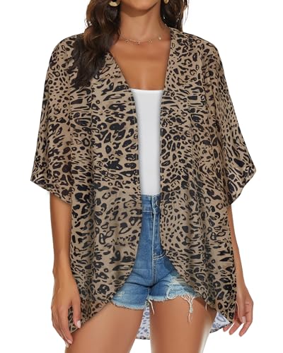 JILUVIN Womens Kimono Cardigans Beach Cover ups Swimwear Puff Sleeve Loose Casual Summer Tops (Leopard Print,L) - Image 5