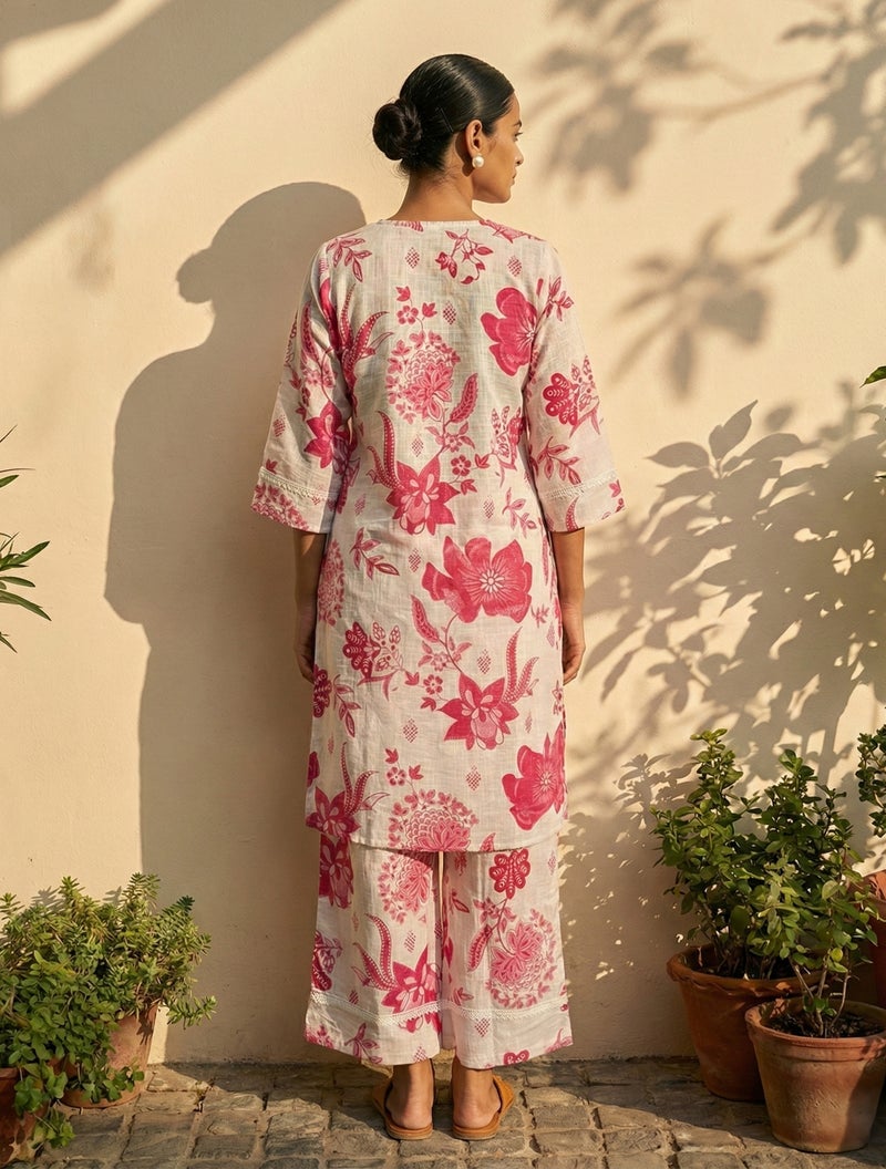 trueBrowns White Pink Floral Print Kurta Pant Set - Image 2