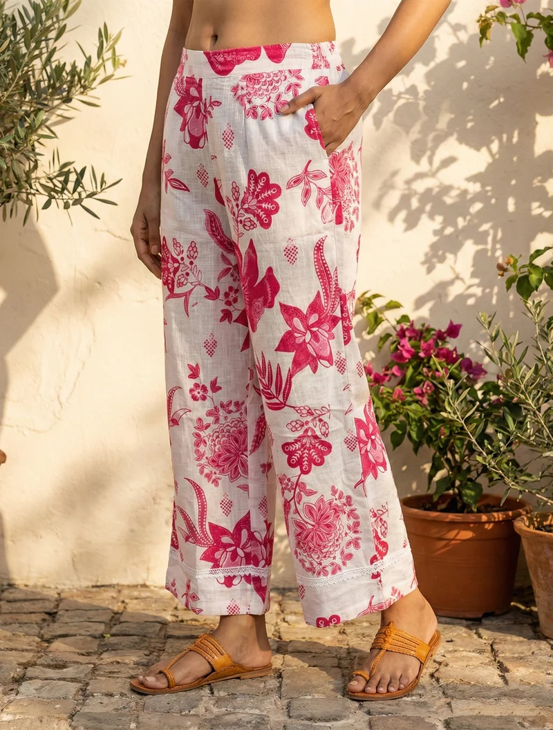 trueBrowns  trueBrowns White Pink Floral Print Kurta Pant Set  | Best Price UAE