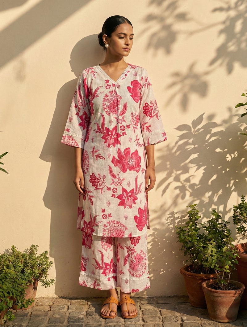 trueBrowns White Pink Floral Print Kurta Pant Set - Image 1