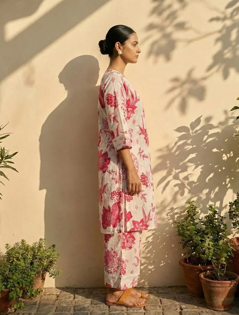 trueBrowns  trueBrowns White Pink Floral Print Kurta Pant Set  | Best Price UAE