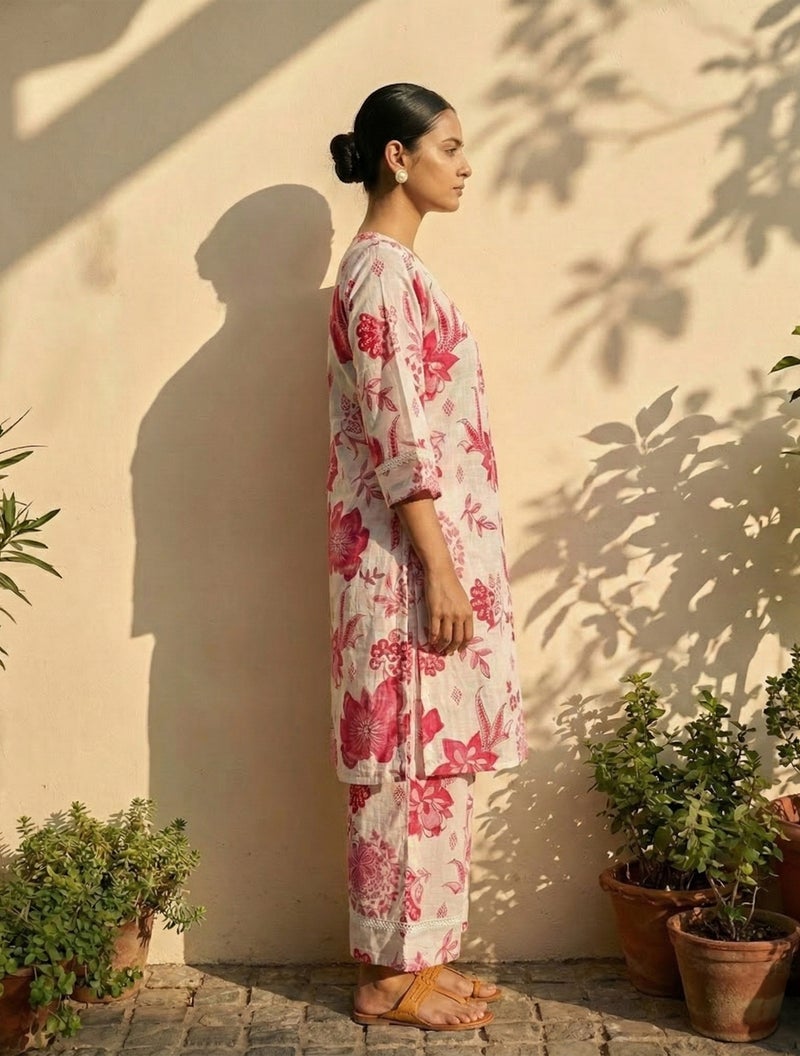 trueBrowns White Pink Floral Print Kurta Pant Set - Image 3
