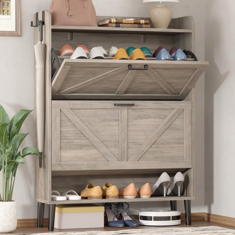 HOMEFORT Shoe Storage Cabinet for Entryway 30 Freestanding Organizer with Two Flip Drawers Narrow Hidden Shoe Rack with Wood Legs Farmhouse Shoe Cabinet for Front Door EntranceWashed Gray