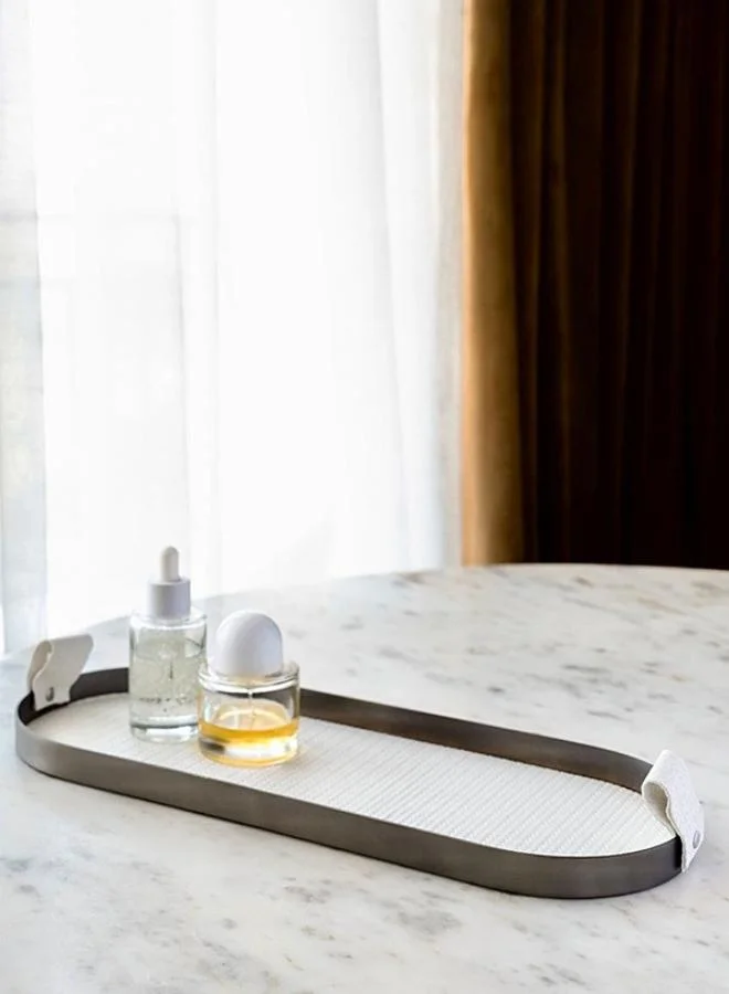 Casa Quesera Beige Capsule LeatherTray in Brushed Steel Finish by Casa Quesera