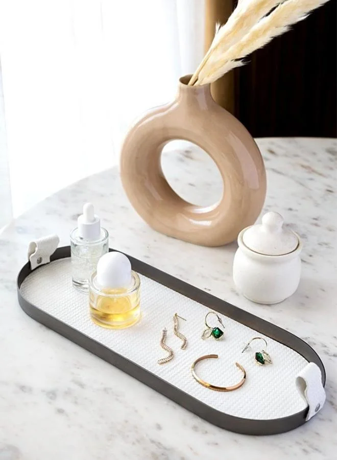 Beige Capsule LeatherTray in Brushed Steel Finish by Casa Quesera