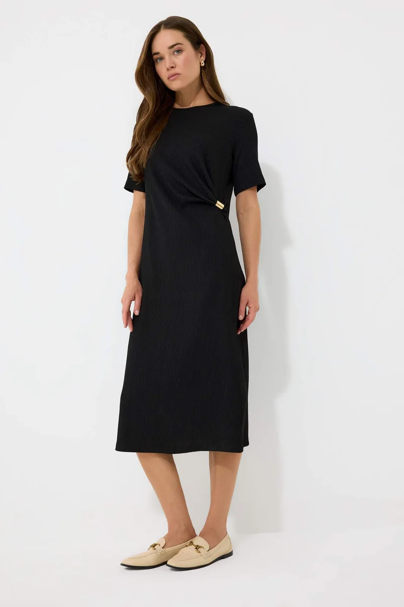 ديفاكتو Regular Fit Crew Neck Basic Crepe Midi Dress