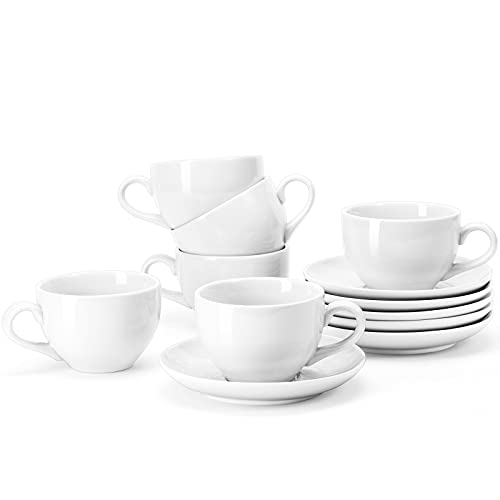 Yedio Porcelain Coffee Cups Set with Saucer, 6 Ounce White Porcelain Cup and Saucer Set for Cappuccino, Coffee Latte, Coffee drinks and Tea, Set of 6 - Image 1