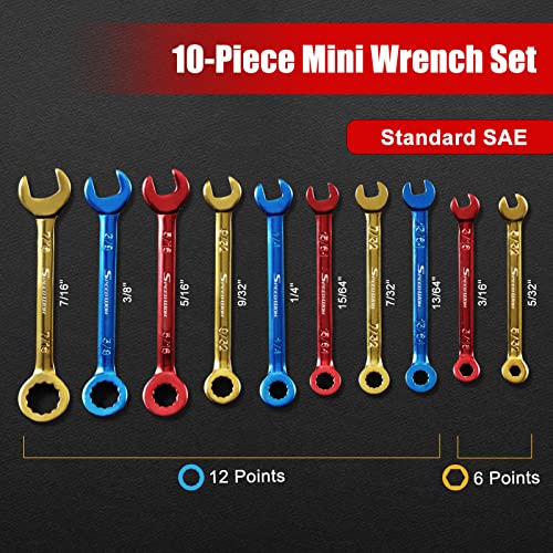 SPEEDWOX 10 Pcs Color Plated Open and Box End Mini Wrenches Color Coated Midget Wrench Set Mini Combination Wrench Set SAE with Portable Pouch and Large Ring（5/32-7/16"） - Image 2