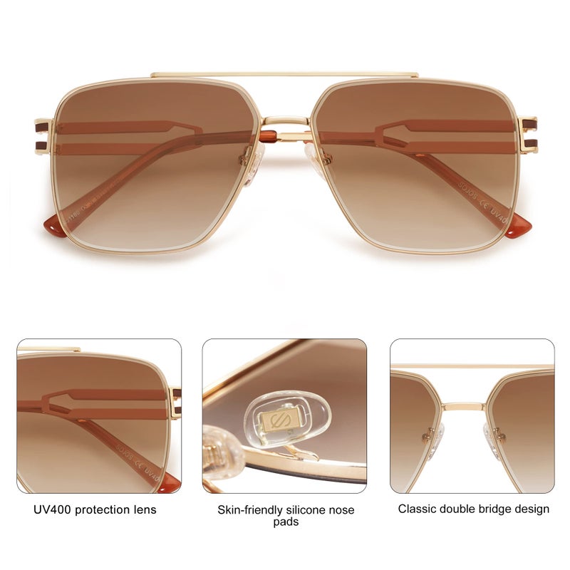 SOJOS Retro Oversized Square Sunglasses for Women Men, Vintage Large Double Bridge Metal Frame Unisex Sunglasses SJ1180, Gold Frame/Brown Grading Lens - Image 4