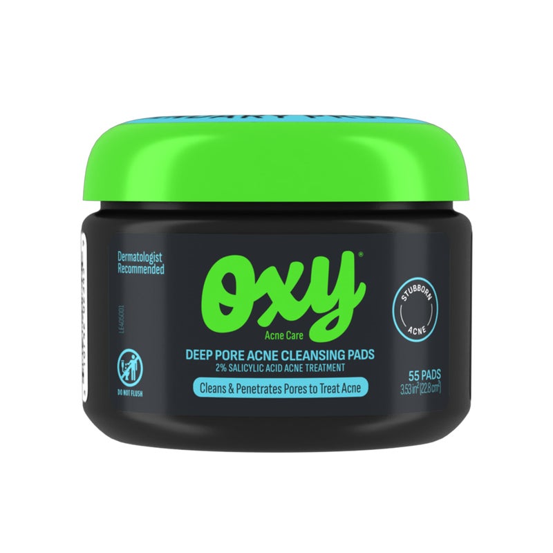 Oxy Deep Pore Acne Facial Cleansing Pads, Maximum Strength 2% Salicylic Acid Stubborn Acne Treatment, Fights Breakouts, Exfoliates, Unclogs Pores, Treats Blackheads, Dermatologist Recommended, 55 Pads - Image 1