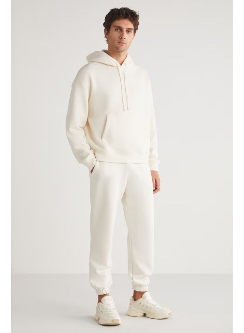 GRIMELANGE Eron Men's Hooded Kangaroo Pocket Fleece Inside Ecru Tracksuit Set - Image 2