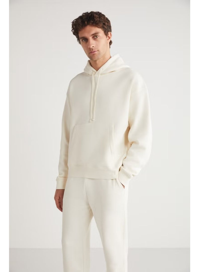 GRIMELANGE Eron Men's Hooded Kangaroo Pocket Fleece Inside Ecru Tracksuit Set - Image 4