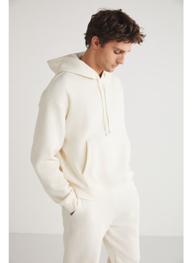 GRIMELANGE Eron Men's Hooded Kangaroo Pocket Fleece Inside Ecru Tracksuit Set - Image 5