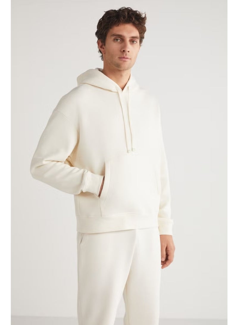 GRIMELANGE Eron Men's Hooded Kangaroo Pocket Fleece Inside Ecru Tracksuit Set - Image 3