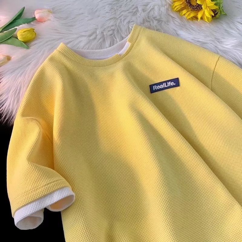 Summer waffle short sleeve T-shirt men's ins fashion brand loose heavy fake two-piece half sleeve Hong Kong style trendy couple T-shirt - Image 1