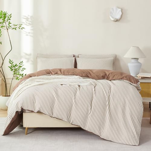 TISPLR Comforter Set Queen Size Striped Soft Luxury Washed Microfiber Jacquard 3 Pieces Bedding, White Dark Brown Vertical Ticking Stripes Comforter with 2 Pillowcases Breathable Durable Comfy - Image 5