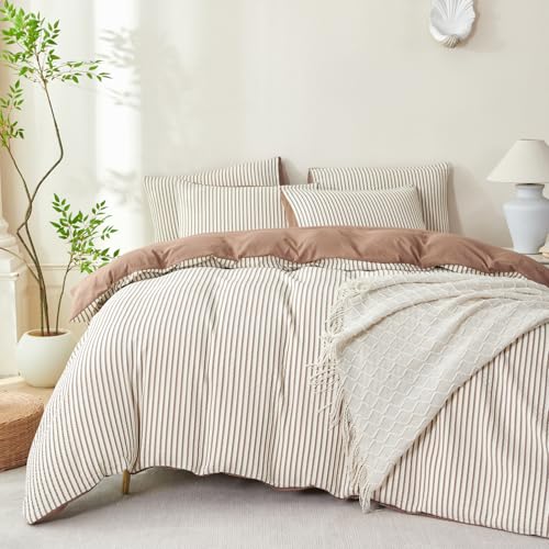 TISPLR Comforter Set Queen Size Striped Soft Luxury Washed Microfiber Jacquard 3 Pieces Bedding, White Dark Brown Vertical Ticking Stripes Comforter with 2 Pillowcases Breathable Durable Comfy - Image 1