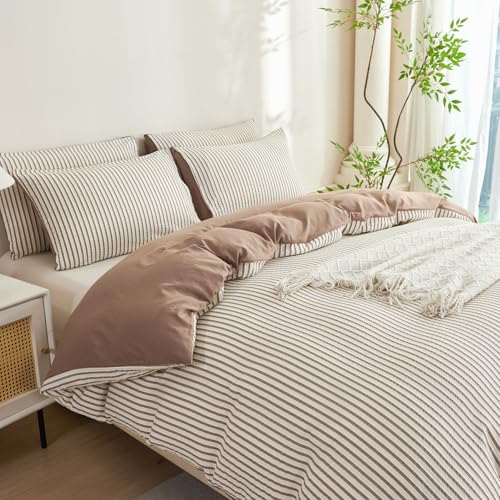 TISPLR Comforter Set Queen Size Striped Soft Luxury Washed Microfiber Jacquard 3 Pieces Bedding, White Dark Brown Vertical Ticking Stripes Comforter with 2 Pillowcases Breathable Durable Comfy - Image 4