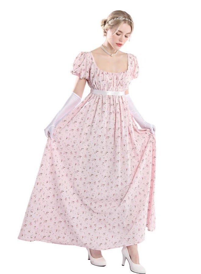 Nuoqi Regency Dresses for Women Floral Regency Era Dress Empire Waist Long Tea Party Dress, Pink, M - Image 3