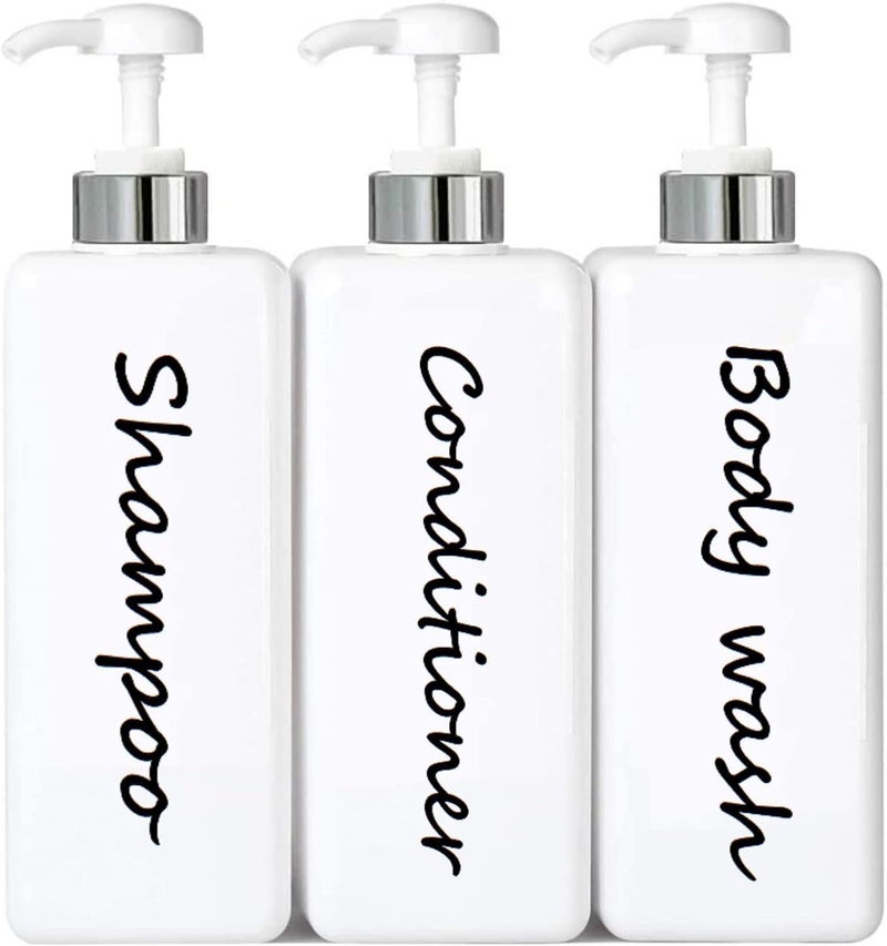 21oz Shampoo and Conditioner Dispenser Set of 3 Modern Refillable Shampoo Pump Bottles for Shower Soap Empty Shampoo Conditioner Body Wash Dispenser Set Stylish Permanent Labels for Bathroom