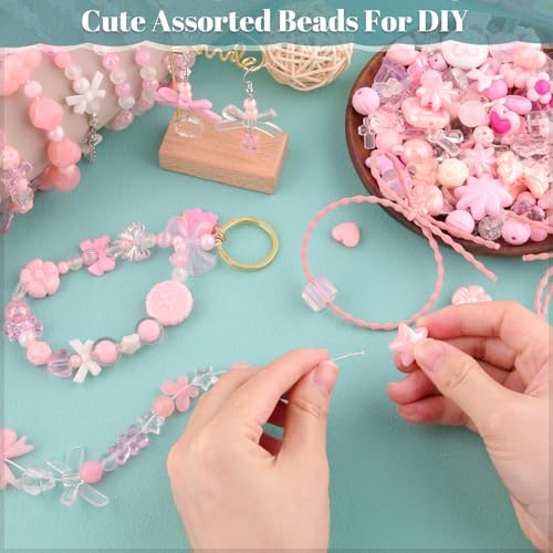 TINKRSTUFF Assorted 200-260PCS Pink Acrylic Beads for Bracelet Making, Flower Bow Butterfly Candy GummyBear Aesthetic Bracelet Charms,Cute Beads for Jewelry Making DIY Necklace Keychain Phone Charm - Image 3