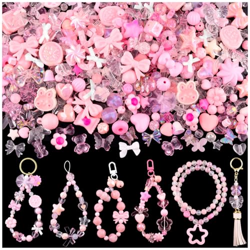 TINKRSTUFF Assorted 200-260PCS Pink Acrylic Beads for Bracelet Making, Flower Bow Butterfly Candy GummyBear Aesthetic Bracelet Charms,Cute Beads for Jewelry Making DIY Necklace Keychain Phone Charm - Image 1