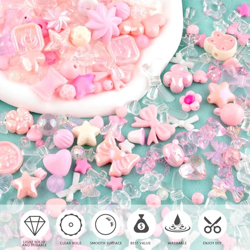 TINKRSTUFF Assorted 200-260PCS Pink Acrylic Beads for Bracelet Making, Flower Bow Butterfly Candy GummyBear Aesthetic Bracelet Charms,Cute Beads for Jewelry Making DIY Necklace Keychain Phone Charm - Image 4