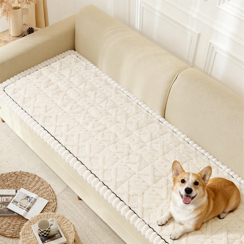 Arfntevss Couch Cover for Dogs Plush Washable Sofa Covers for 3 Cushion Couch Pet Friendly Fuzzy Sofa Slipcovers 3 Seat Anti-Slip Dog Proof Mat Sectional Furniture Protector (Boho White, 27.6" x 71") - Image 1