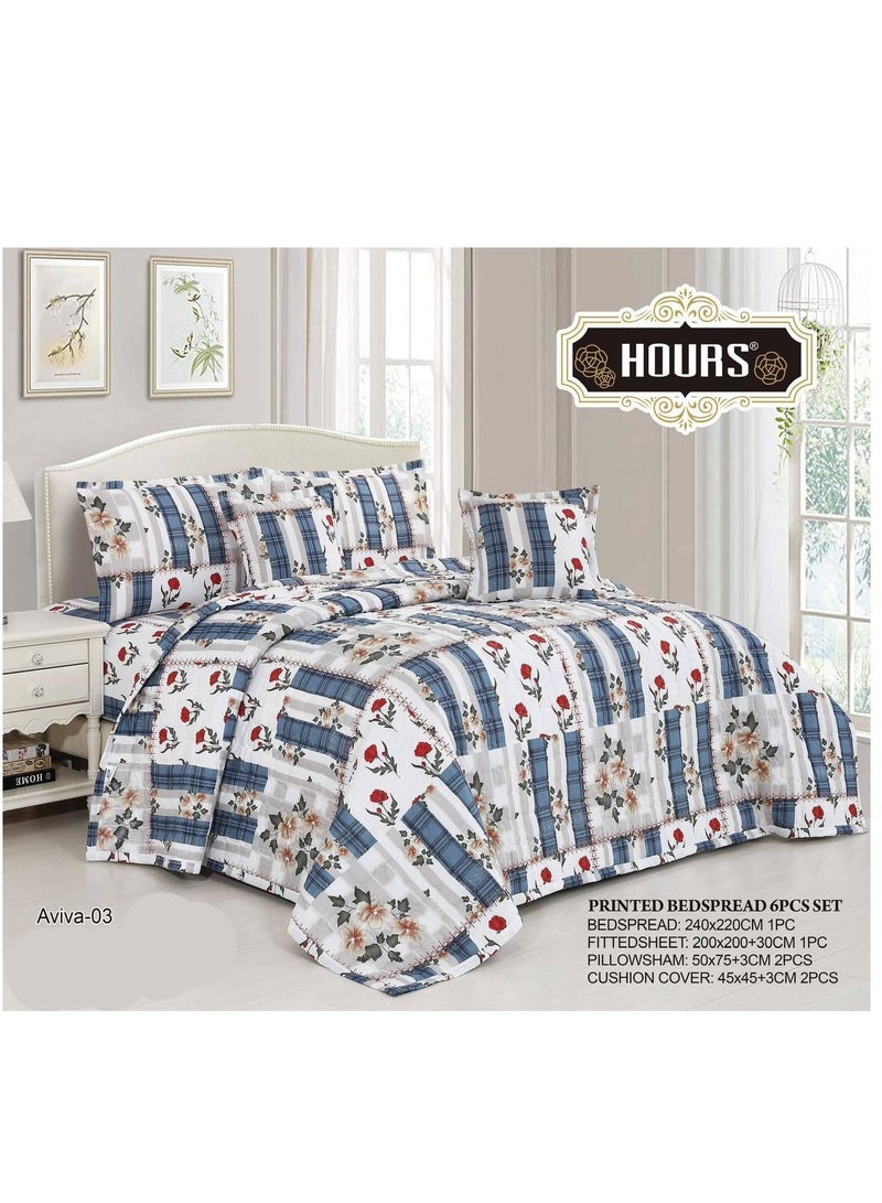 أورز مفرش سرير صيفي مطبوع مزدوج – طقم مفارش 6 قطع – تصميم عصري بنقشة المربعات والزهور – لحاف خامة ناعمة مريحة للاستخدام اليومي – ( 1 لحاف + 1 وشرشف مطاطي + 4 أغطية وسائد ديكورية ) يناسب سرير مقاس 200x200 سم - Image 2