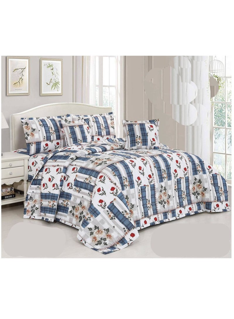 أورز مفرش سرير صيفي مطبوع مزدوج – طقم مفارش 6 قطع – تصميم عصري بنقشة المربعات والزهور – لحاف خامة ناعمة مريحة للاستخدام اليومي – ( 1 لحاف + 1 وشرشف مطاطي + 4 أغطية وسائد ديكورية ) يناسب سرير مقاس 200x200 سم - Image 1