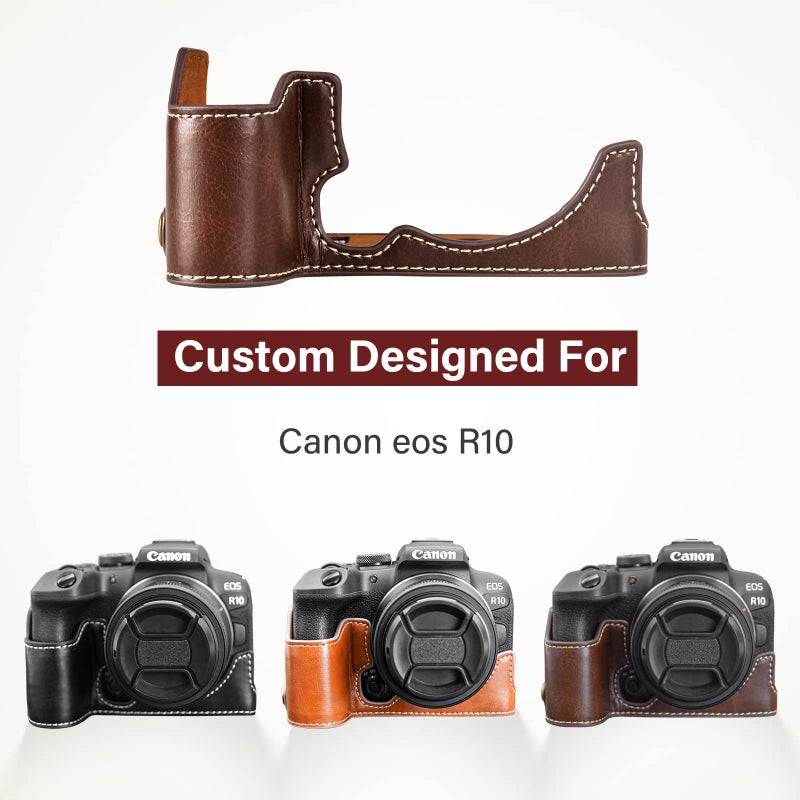 Rieibi EOS R10 Case - Quality PU Leather Half Case for Canon EOS R10 Mirrorless Camera - Grip Case for Canon EOSR10 - Coffee - Image 2