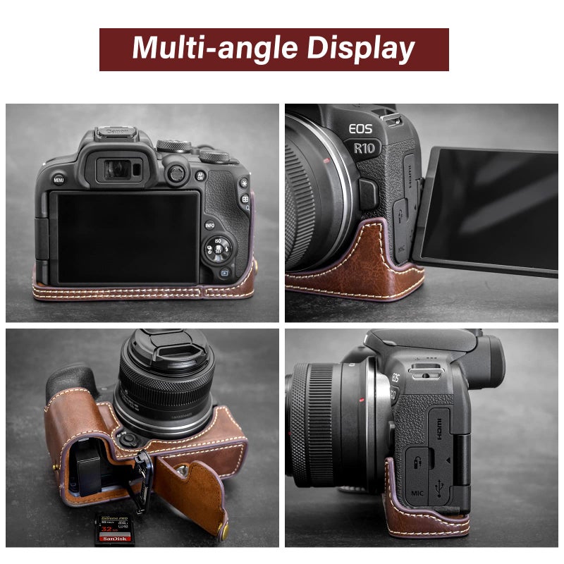 Rieibi EOS R10 Case - Quality PU Leather Half Case for Canon EOS R10 Mirrorless Camera - Grip Case for Canon EOSR10 - Coffee - Image 3