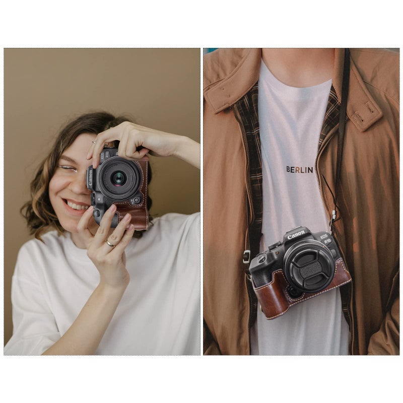 Rieibi EOS R10 Case - Quality PU Leather Half Case for Canon EOS R10 Mirrorless Camera - Grip Case for Canon EOSR10 - Coffee - Image 5