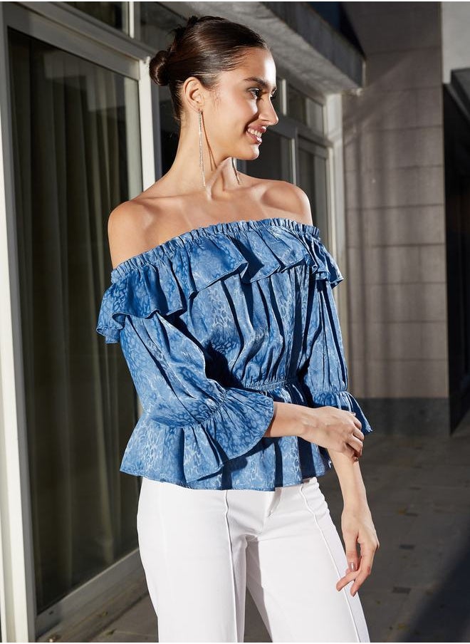 SASSAFRAS - Jacquard Frill Detail Off Shoulder Peplum Top by Styli - Image 1