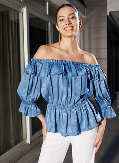 Jacquard Frill Detail Off Shoulder Peplum Top by Styli