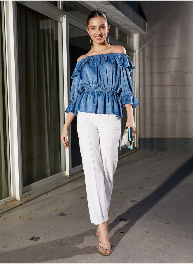 SASSAFRAS - Jacquard Frill Detail Off Shoulder Peplum Top by Styli - Image 1