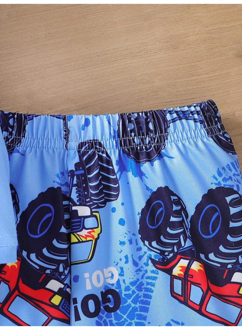 Insbobo 2 Pieces set short sleeve Swimsuit  for boy kids 3 4 5 6 7 age Cartoon Print Clothing Beachwear costume Bathing Suit for Summer blue - Image 5