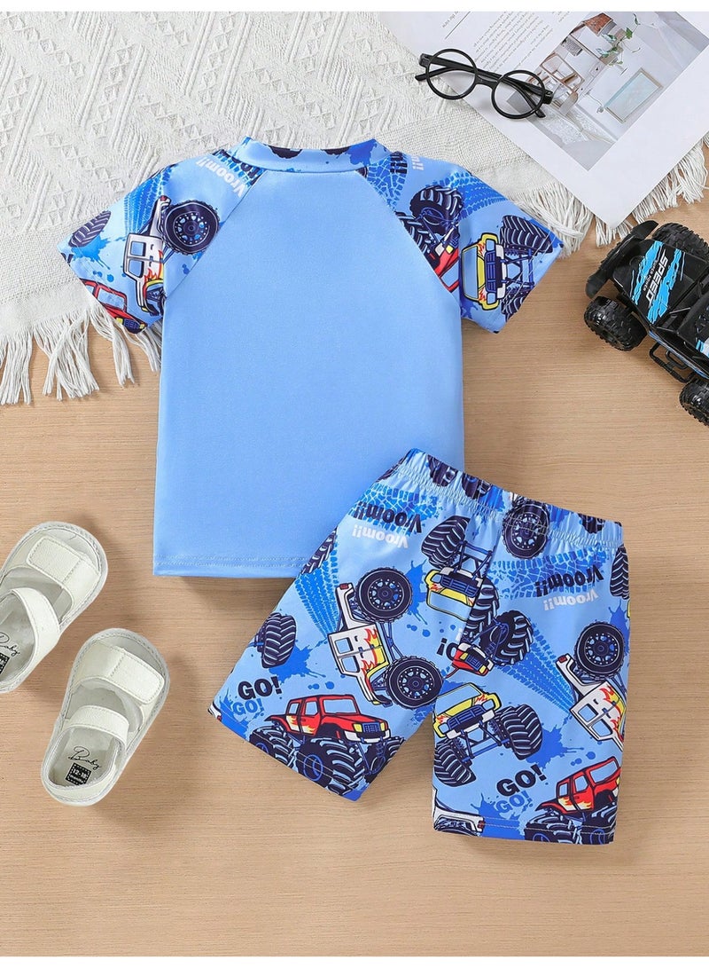 Insbobo 2 Pieces set short sleeve Swimsuit  for boy kids 3 4 5 6 7 age Cartoon Print Clothing Beachwear costume Bathing Suit for Summer blue - Image 3