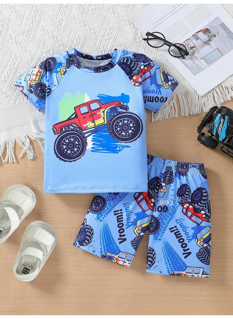 Insbobo 2 Pieces set short sleeve Swimsuit  for boy kids 3 4 5 6 7 age Cartoon Print Clothing Beachwear costume Bathing Suit for Summer blue - Image 1