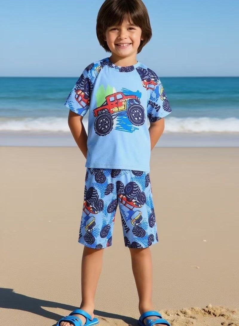 Insbobo 2 Pieces set short sleeve Swimsuit  for boy kids 3 4 5 6 7 age Cartoon Print Clothing Beachwear costume Bathing Suit for Summer blue - Image 2